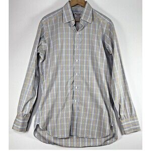 Turnbull & Asser Shirt Mens 15.5 39cm Blue Yellow Plaid Button Up England Cotton